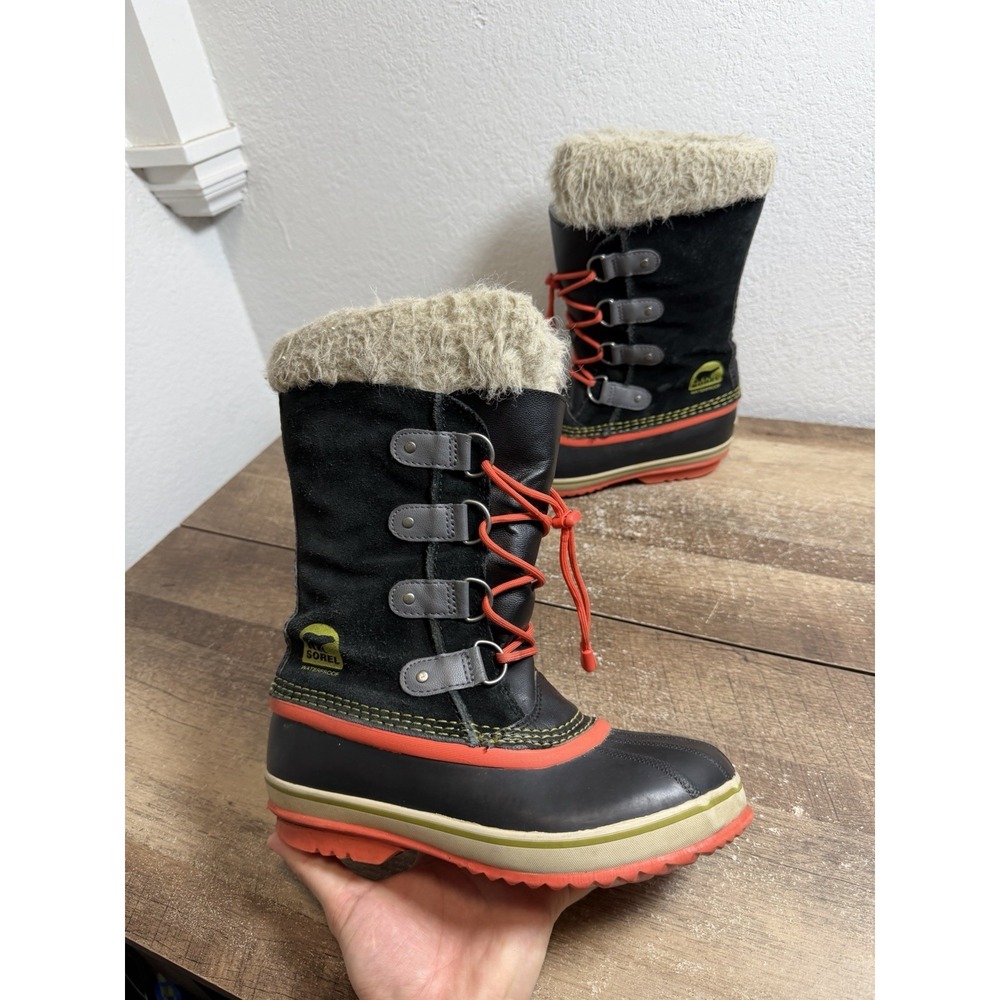 Womens Sorel Joan of Arctic Winter Boots‎ Sz 5 Used NY1858-011 Orange Black Fur